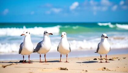 Four seagulls on a sandy beach
