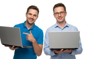 Two smiling men holding laptops and looking at the camera