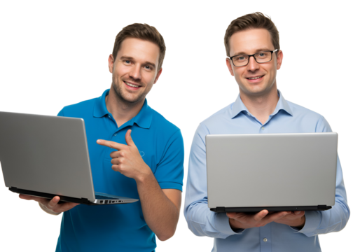 Two smiling men holding laptops and looking at the camera