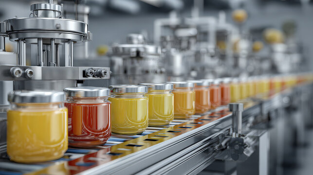 Industrial Baby Food Manufacturing: Filling Process of Colorful Jars on a Conveyor Belt