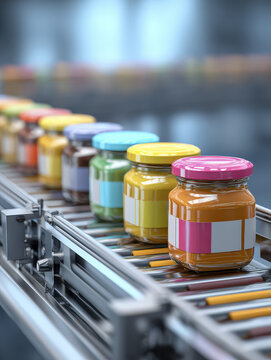 Glass Jars of Baby Food Labeled in Various Colors on Factory Assembly Line