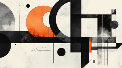 futuristic collage, A minimal and dynamic composition featuring bold geometric shapes in black, white, gray, and orange on an off-white background. creating an abstract representation of movement or a