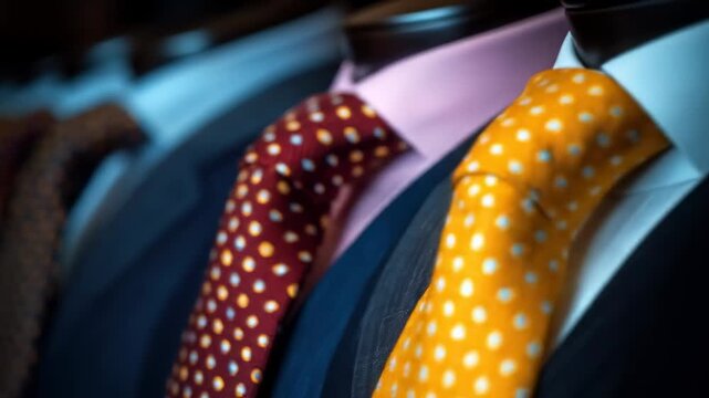 Row of suits on display, each with different patterned neckties and collared shirts