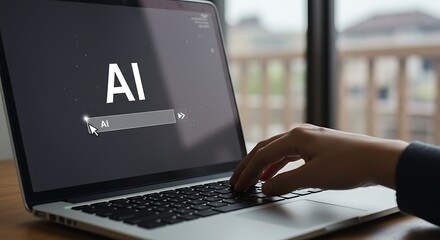 Hand typing on a laptop displaying a high-tech Artificial Intelligence (AI) interface with a blue circuit design