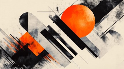 futuristic collage, A minimal and dynamic composition featuring bold geometric shapes in black, white, gray, and orange on an off-white background. creating an abstract representation of movement or a