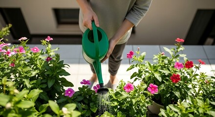 a person waters potted plants with a green watering can