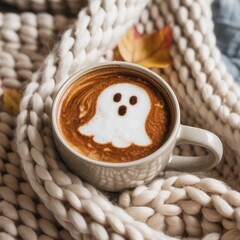 Halloween latte art: cute ghost in coffee foam with Warm scarf and yellow foliage