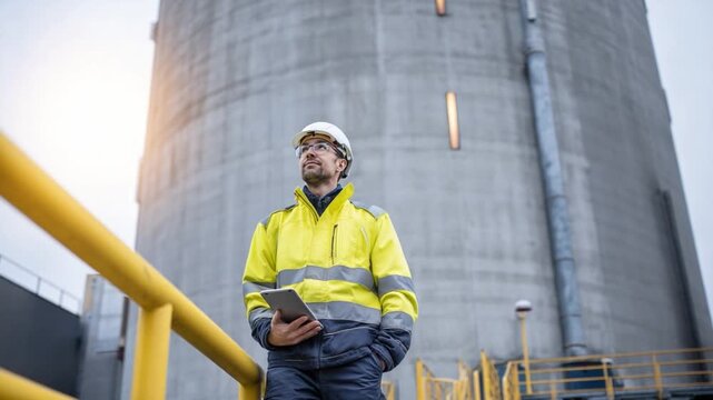 Industrial Visionary: A focused industrial worker, equipped with a tablet and hard hat, surveys a modern industrial facility, symbolizing precision and forward-thinking in the field of construction.