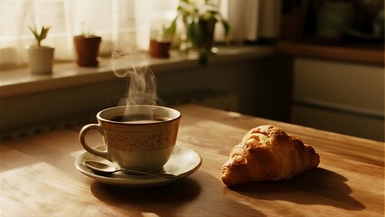a cozy morning coffee scene on a wooden kitchen table 