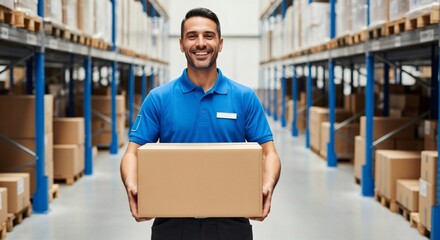 Smiling male warehouse worker in a blue uniform shirt holding a cardboard box while standing between tall, stocked storage racks in an industrial facility