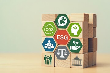 Esg business sustainability concept with hexagonal icons and wooden blocks representing corporate responsibility