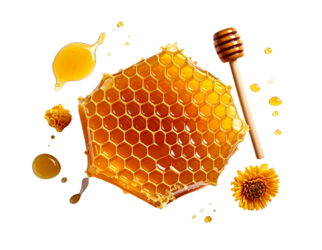 Sweet golden honey flowing through natural hexagonal honeycomb pattern inside a honeycomb on white background
