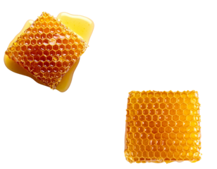 Sweet golden honey flowing through natural hexagonal honeycomb pattern inside a honeycomb on white background