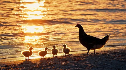 Mother duck leads her ducklings along the shore at sunset for a tranquil evening walk
