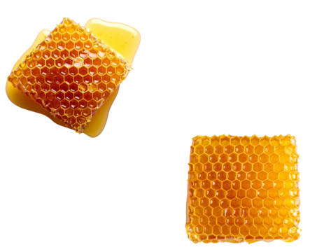 Sweet golden honey flowing through natural hexagonal honeycomb pattern inside a honeycomb on white background