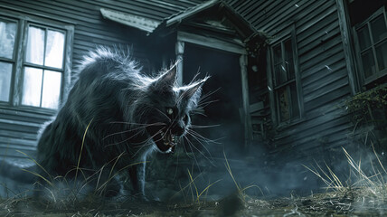 Creepy Halloween black cat in front of haunted house at night