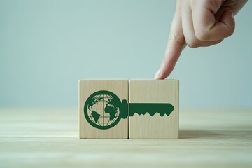 Finger presses on light wooden blocks with green key and globe graphic representing global access or security