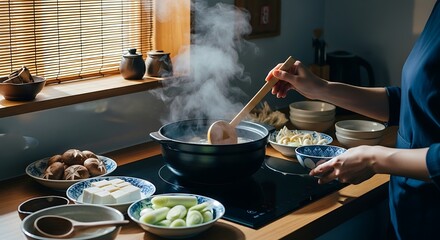 Simmering Soup on Wooden Stove Counter