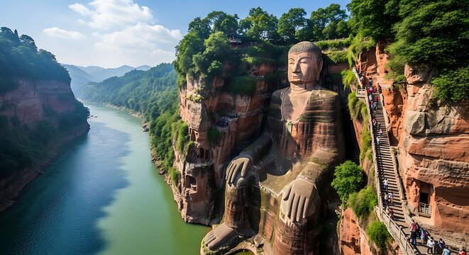 Leshan Giant Buddha overlooking Min River, Sichuan, China.