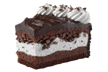 Chocolate Fudge Cake Slice with White Cream Layer and Topping on Transparent Background Dessert Food Photography