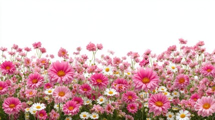 Obraz premium A vibrant field filled with blooming pink daisies and white blossoms captures the essence of spring. The flowers sway gently in the warm sunlight, creating a cheerful atmosphere.