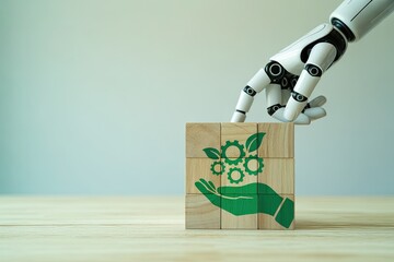 Futuristic robot hand places eco-friendly puzzle piece symbolizing sustainability and innovation