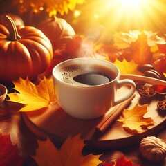 &ldquo;A cup of coffee placed on autumn leaves glowing under sunlight.&rdquo;