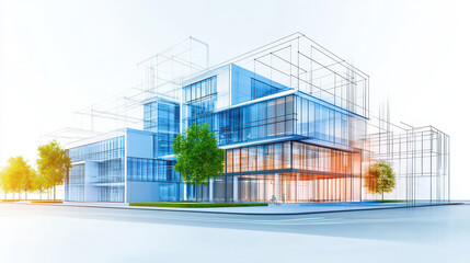 Obraz premium Modern architectural design featuring futuristic building with glass facades and geometric lines, surrounded by greenery and clear sky