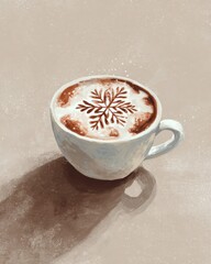 Coffee art showcases intricate snowflake design in a cozy atmosphere