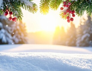 Christmas winter background with spruce branches, snowy meadow and sunrise in the forest