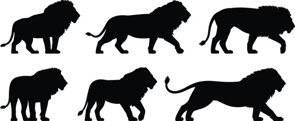 Lion silhouettes in different poses, wild animal outline, jungle king illustration, predator wildlife vector design, safari artwork, powerful beast drawing
