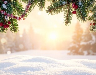 Festive snowy forest background with pine needles, sunrise and winter meadow.