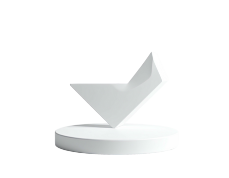 A white checkmark, tilted on a white cylinder against a stark black background