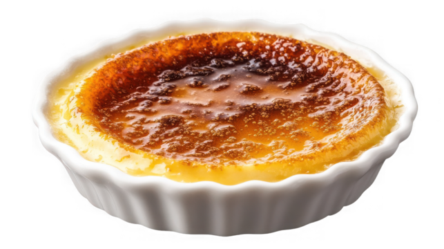 Delicious creme brulee isolated on transparent background in a white ramekin