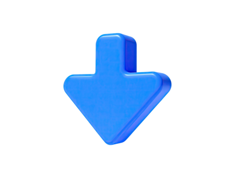 Glossy, blue, 3D arrow pointing downwards against a stark, black background