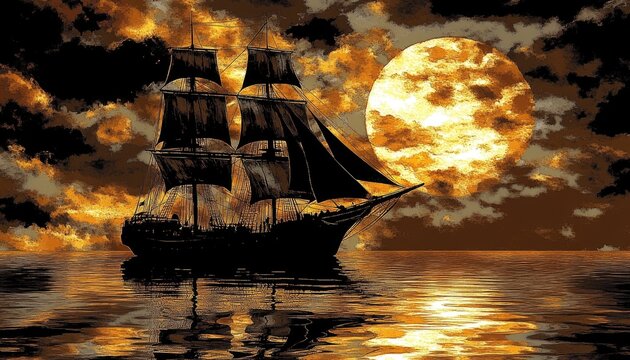 Dark ship sails under fiery moon - Powered by Adobe
