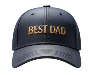 Realistic isolated PNG of a baseball cap with “Best Dad” text embroidered on the fron 