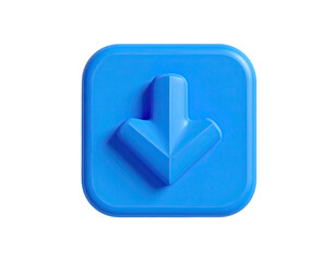 Blue 3D download icon, arrow pointing down, set in a square on a black background