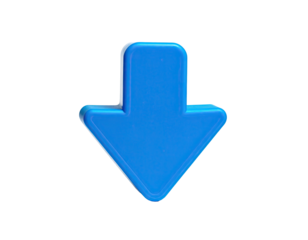 A glossy blue arrow pointing downwards, isolated on a black background