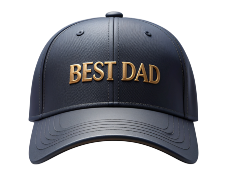 Realistic isolated PNG of a baseball cap with “Best Dad” text embroidered on the fron 
