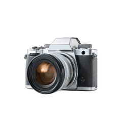 Silver retro camera with large lens, isolated on black