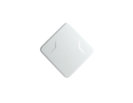 A glossy, square-shaped device with angled indentations floats on black
