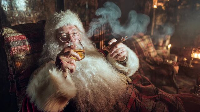 Cozy Santa kicks back in a log cabin with a glowing cigar and amber drink, twinkle lights and warm plaid blankets selling pure winter nostalgia &mdash; cinematic, rea