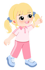 A cheerful young girl in athletic wear, pointing upwards and smiling, ready for fun and games in her youth
