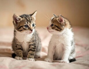 Two adorable kittens on a bed