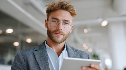 Young caucasian male professional with tablet in modern office environment