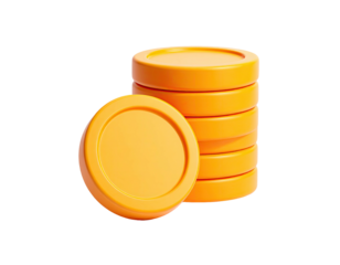 Shiny orange coins, one leans, stack near, on black background