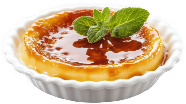 Delicious creme brulee isolated on transparent background with mint leaf garnish