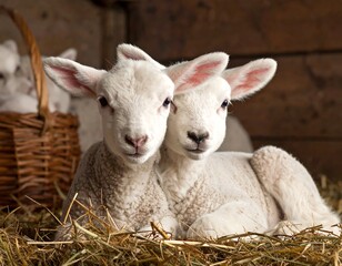 Obraz premium Two adorable lamblings nestled in hay