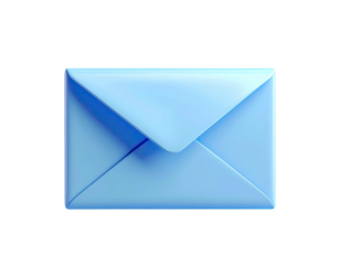 A glossy, light-blue 3D-rendered envelope against a stark black backdrop